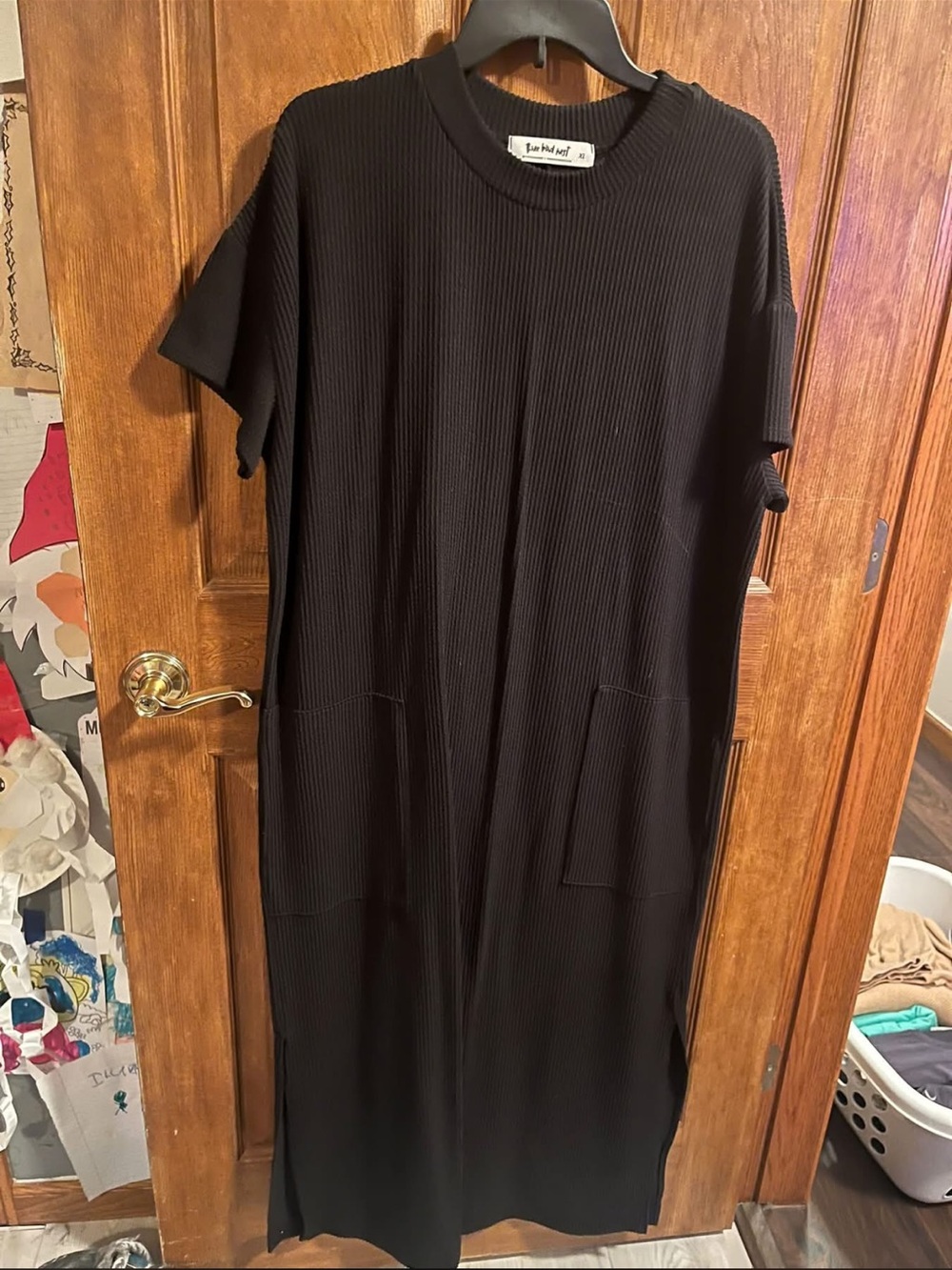 Three Bird Nest Black Ribbed Short-Sleeve Maxi Dress